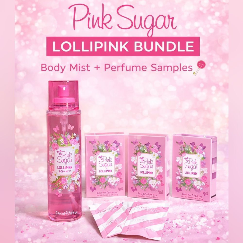 Pink Sugar Lollipink Body Mist 8oz + 5 Perfume Samples Bundle NEW
